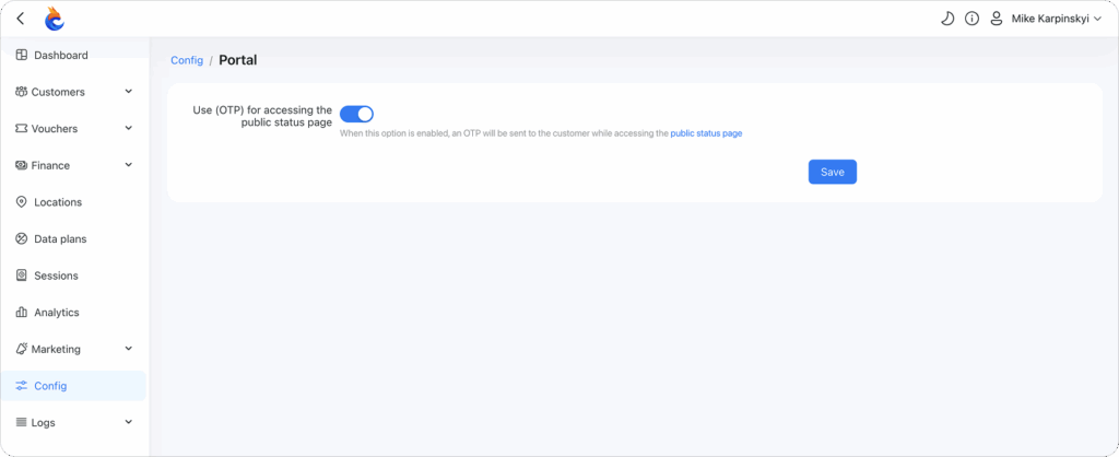 Enable SMS 2FA for the status page in Powerlynx