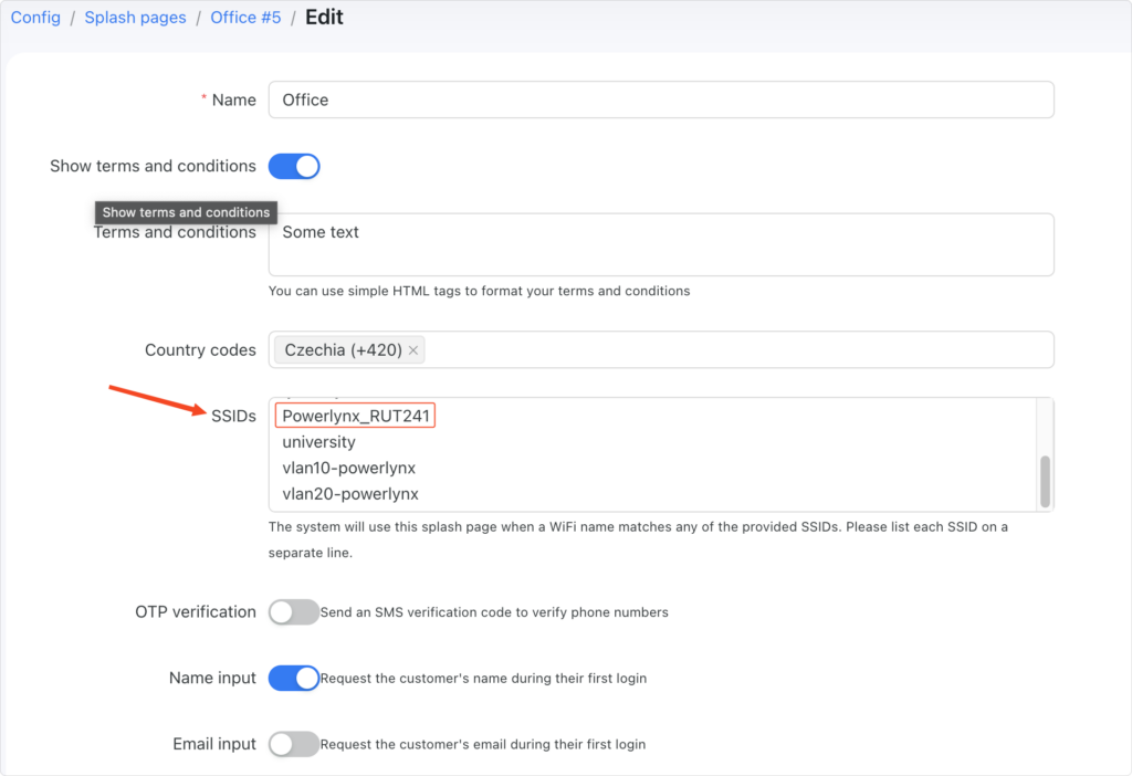 Powerlynx's splash page SSIDs