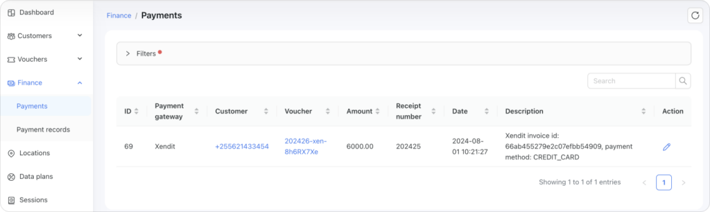 All Xendit payments captured by Powerlynx are stored with others under Finance/Payments.