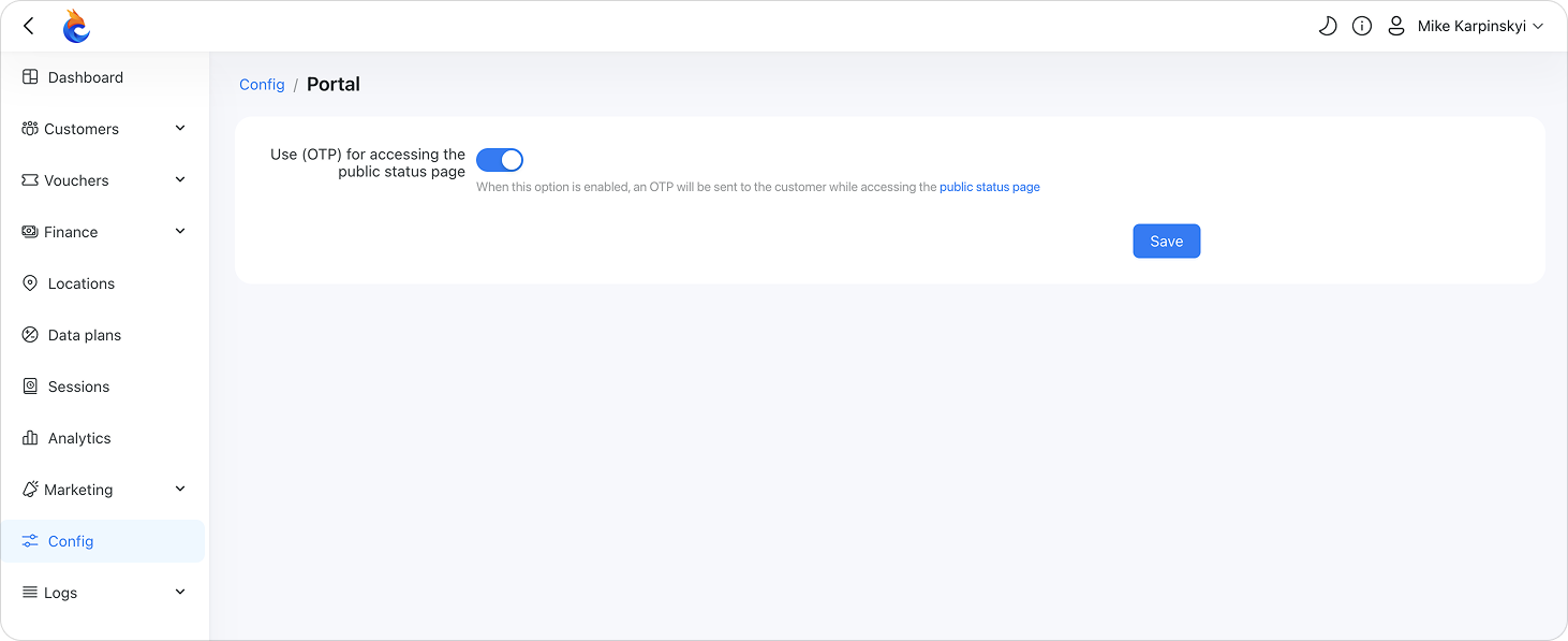Enable SMS 2FA for the status page in Powerlynx