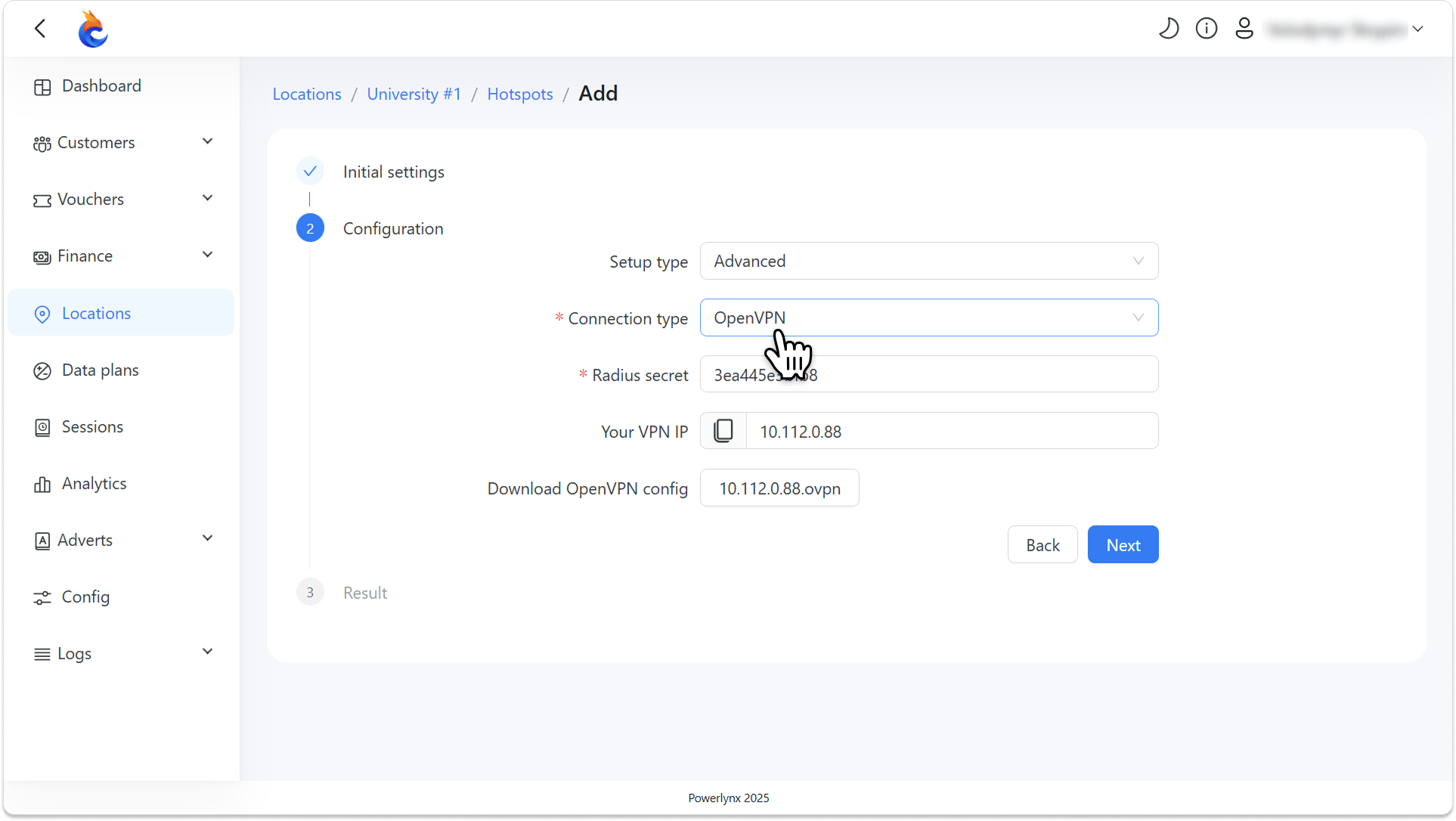 Configure OpenVPN connection for hotspot in Powerlynx