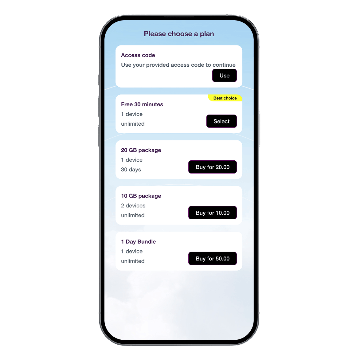 2 Step. User chooses data plan on your captive portal