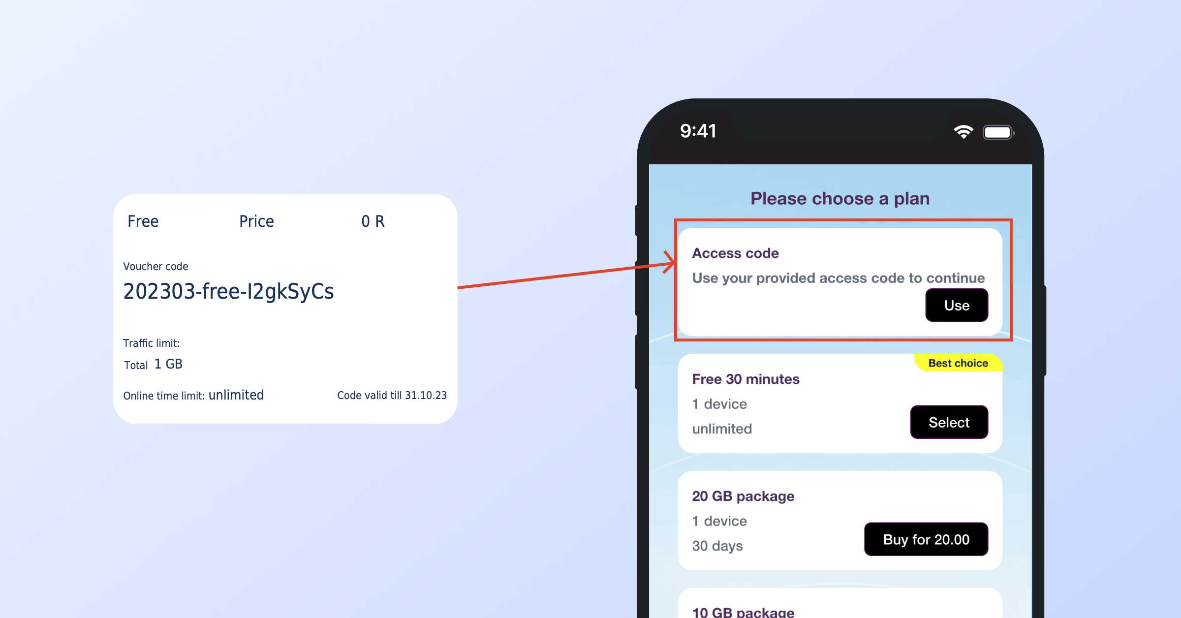 Paste voucher code and get Internet access