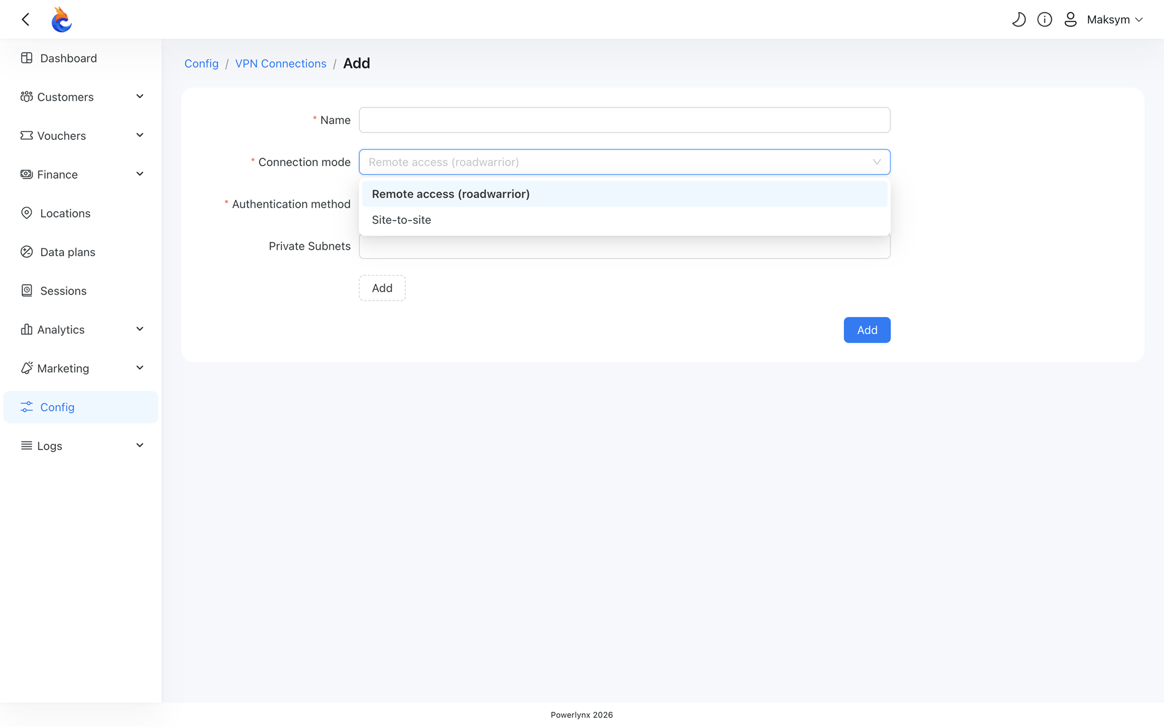 Choosing a connection mode when creating a new VPN connection