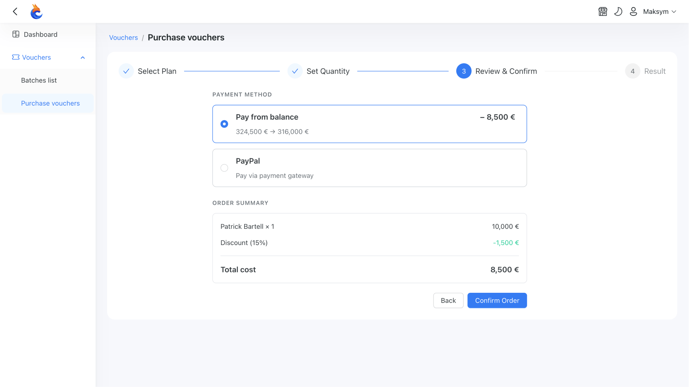 Reseller purchasing voucher batches using either their available balance or an integrated payment gateway