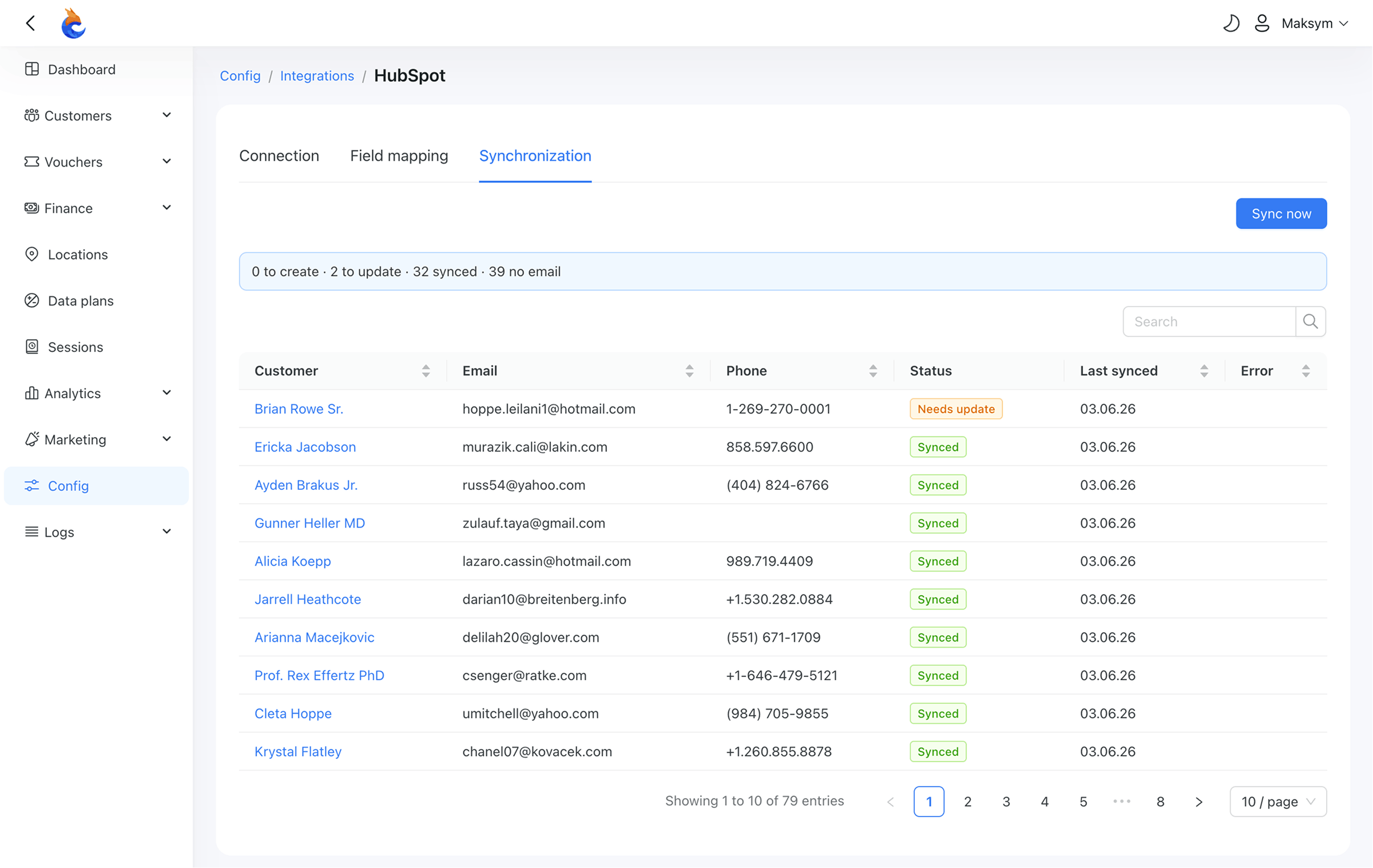 Syns status in HubSpot integration on Powerlynx