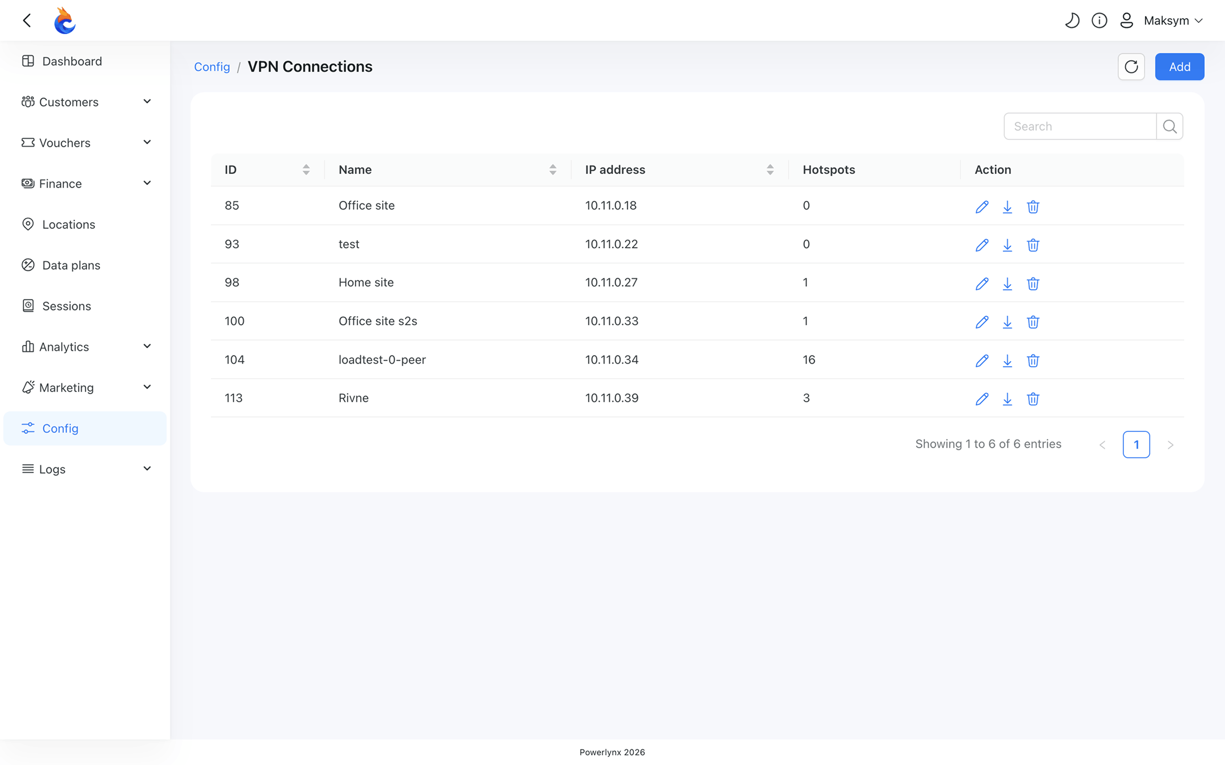 VPN Connections list