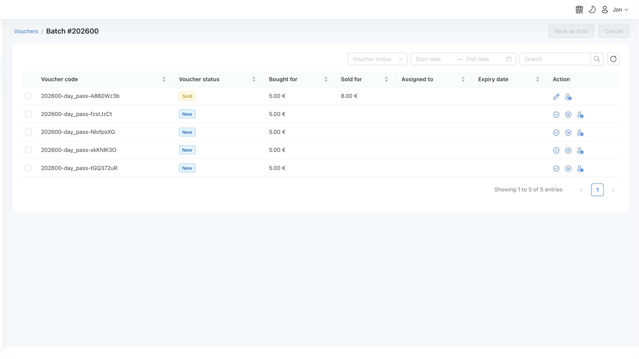 Voucher batch showing purchase price, selling price and voucher status