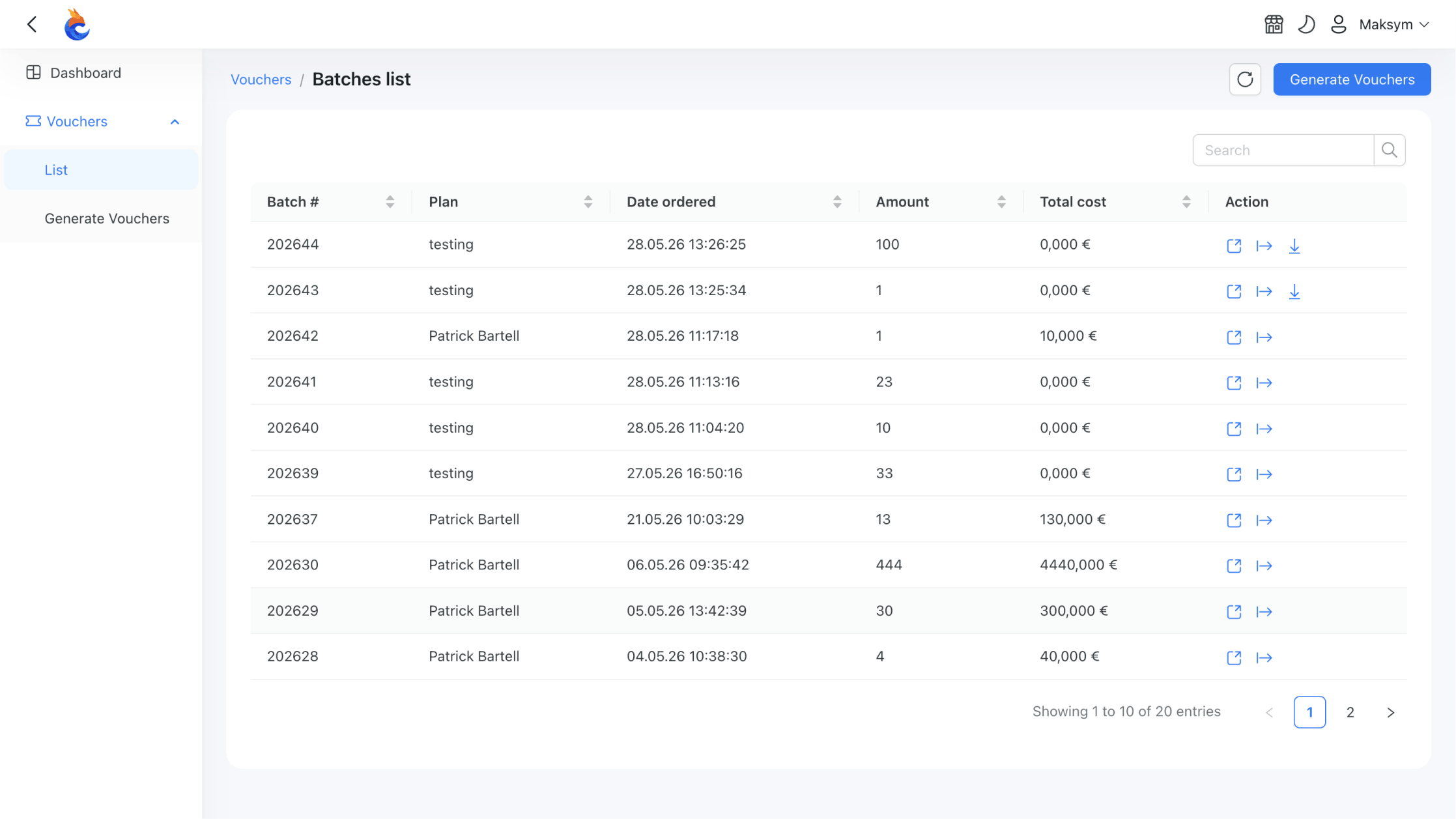 List of voucher batches showing plans, quantities, purchase dates and total value