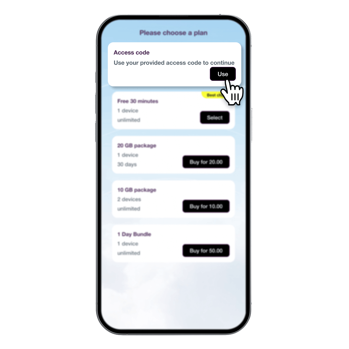 Data plan selection splash page in Powerlynx